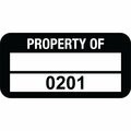 Lustre-Cal PROPERTY OF Label, Polyester Black 1.50in x 0.75in  1 Blank Pad & Serialized 0201-0300, 100PK 253772Pe2K0201